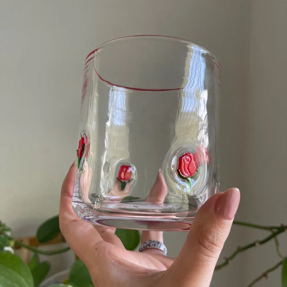 Vintage Style 3D Embossed Red Rose Glass Tumbler with Red Rim Floral Drinkware
